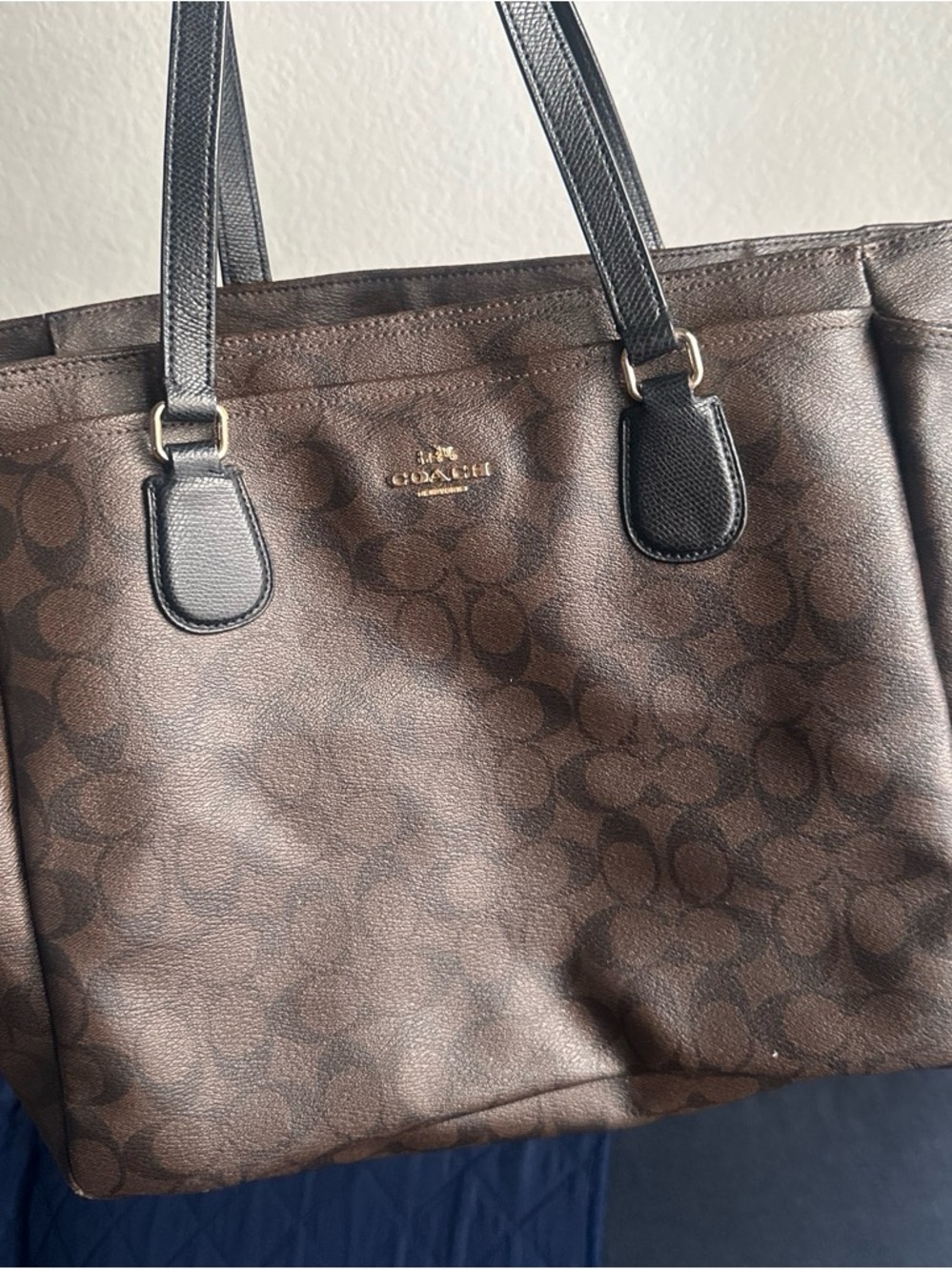 Coach Brown Signature Monogram Tote with Black Straps